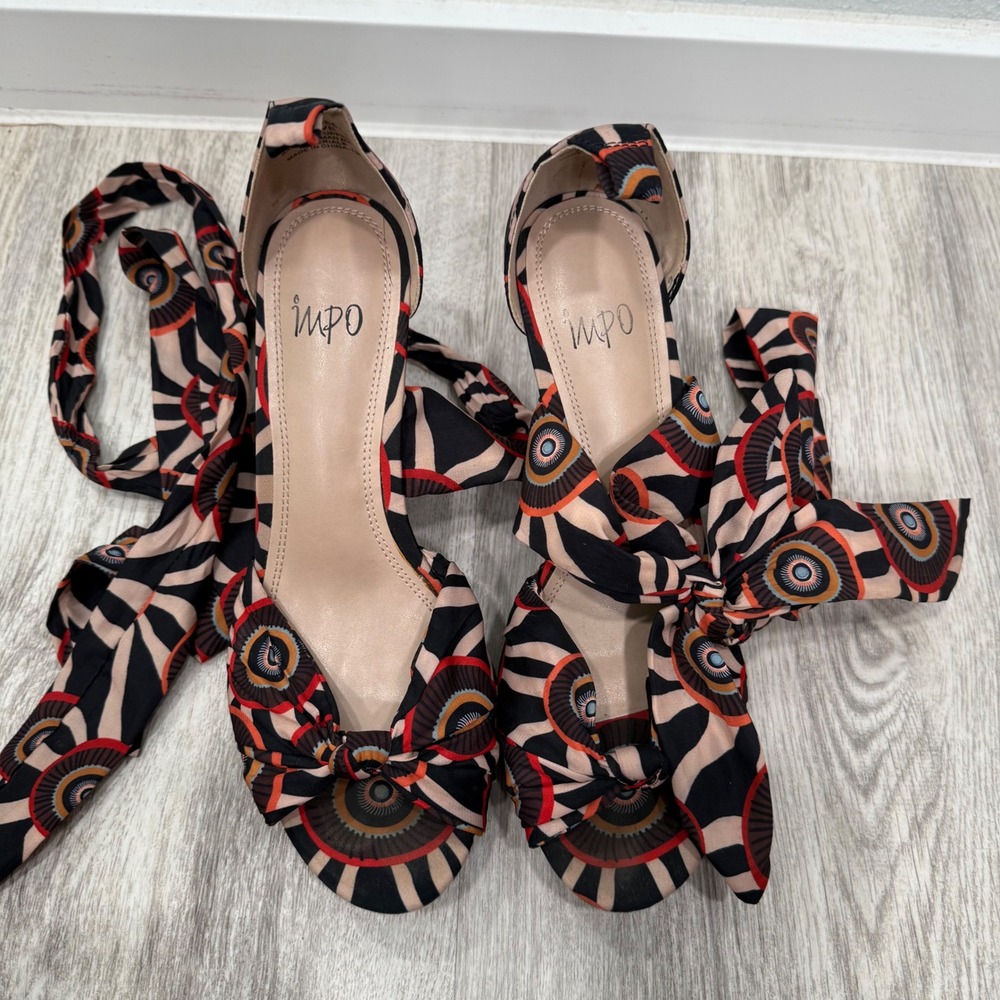 Impo Wedge Heels Ankle Wrap Fabric Tie Black Orange Pattern‎ Party Shoes - Picture 2 of 5